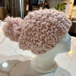 Light pink cable knit Pom Pom hat slouchy